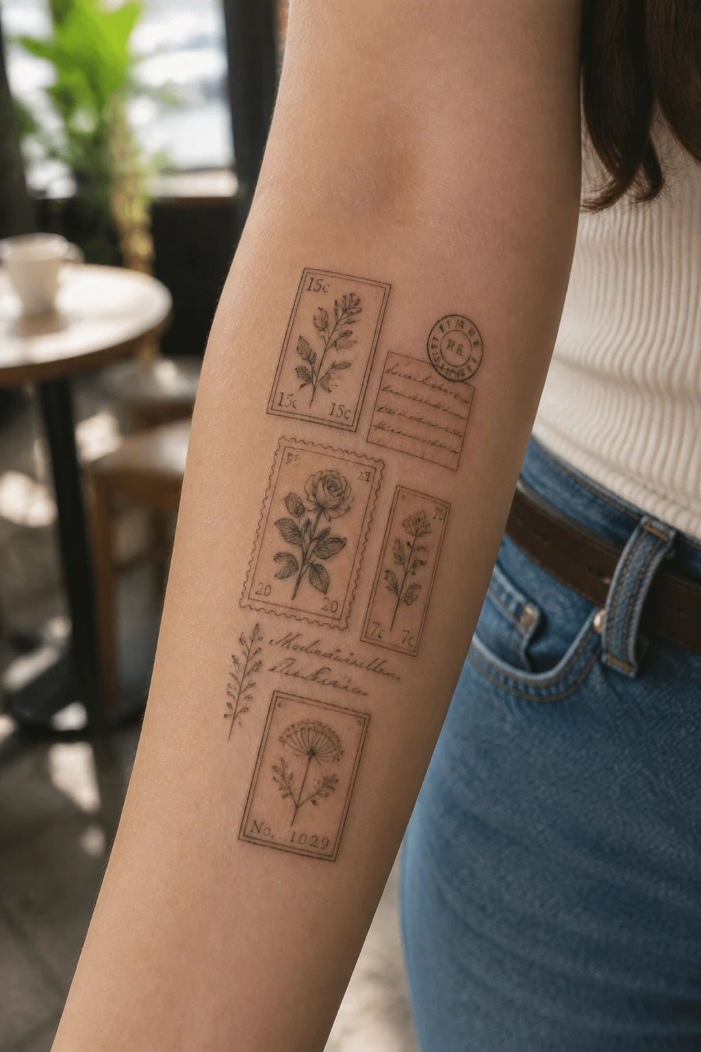 Arm with vintage floral postage stamp tattoos, white top and blue jeans in cafe.