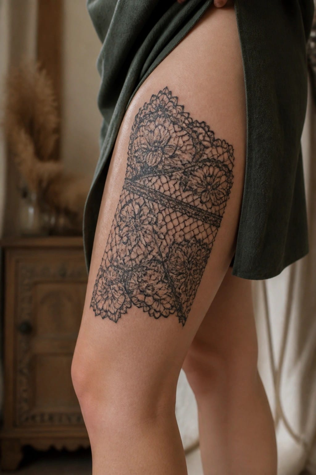 Intricate black floral lace tattoo on thigh under lifted green garment