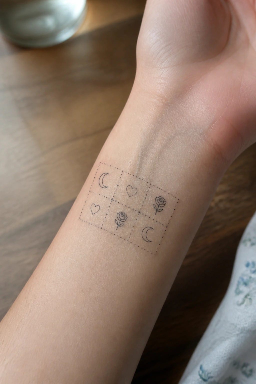 Light-skinned wrist with black-ink tic-tac-toe tattoo of moons, hearts, and roses
