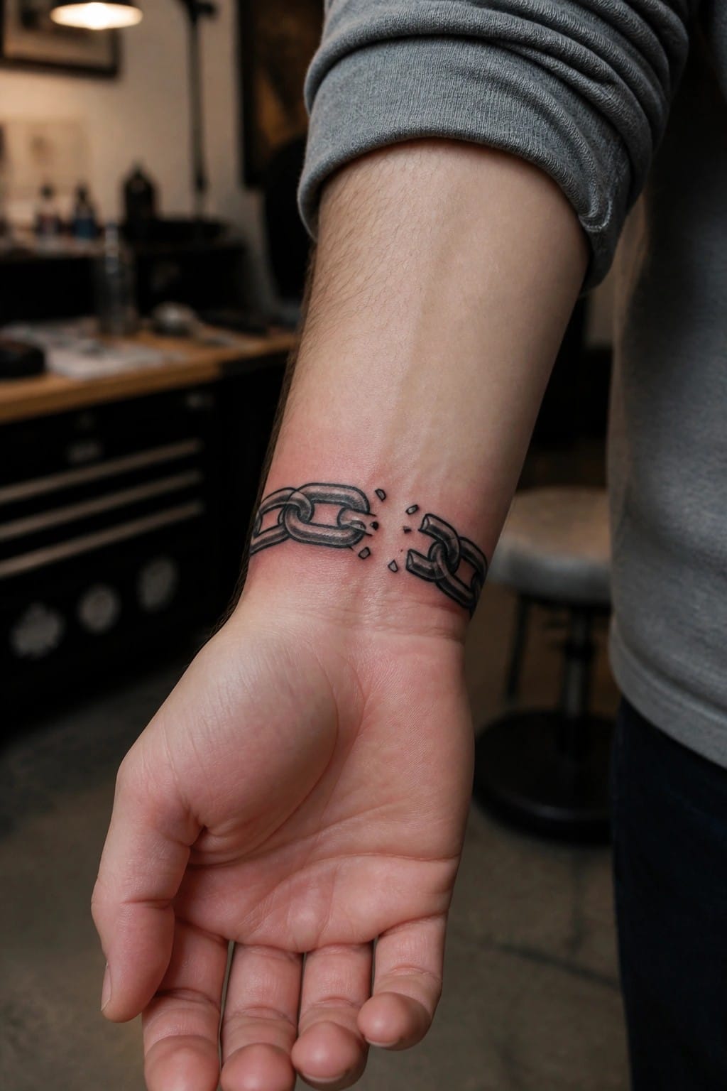 Open palm showing broken chain tattoo on wrist under gray shirt sleeve