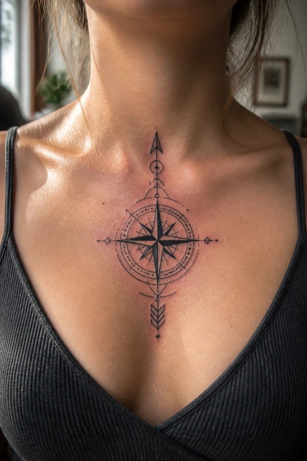 Large black compass tattoo on woman's chest in gray ribbed tank top.