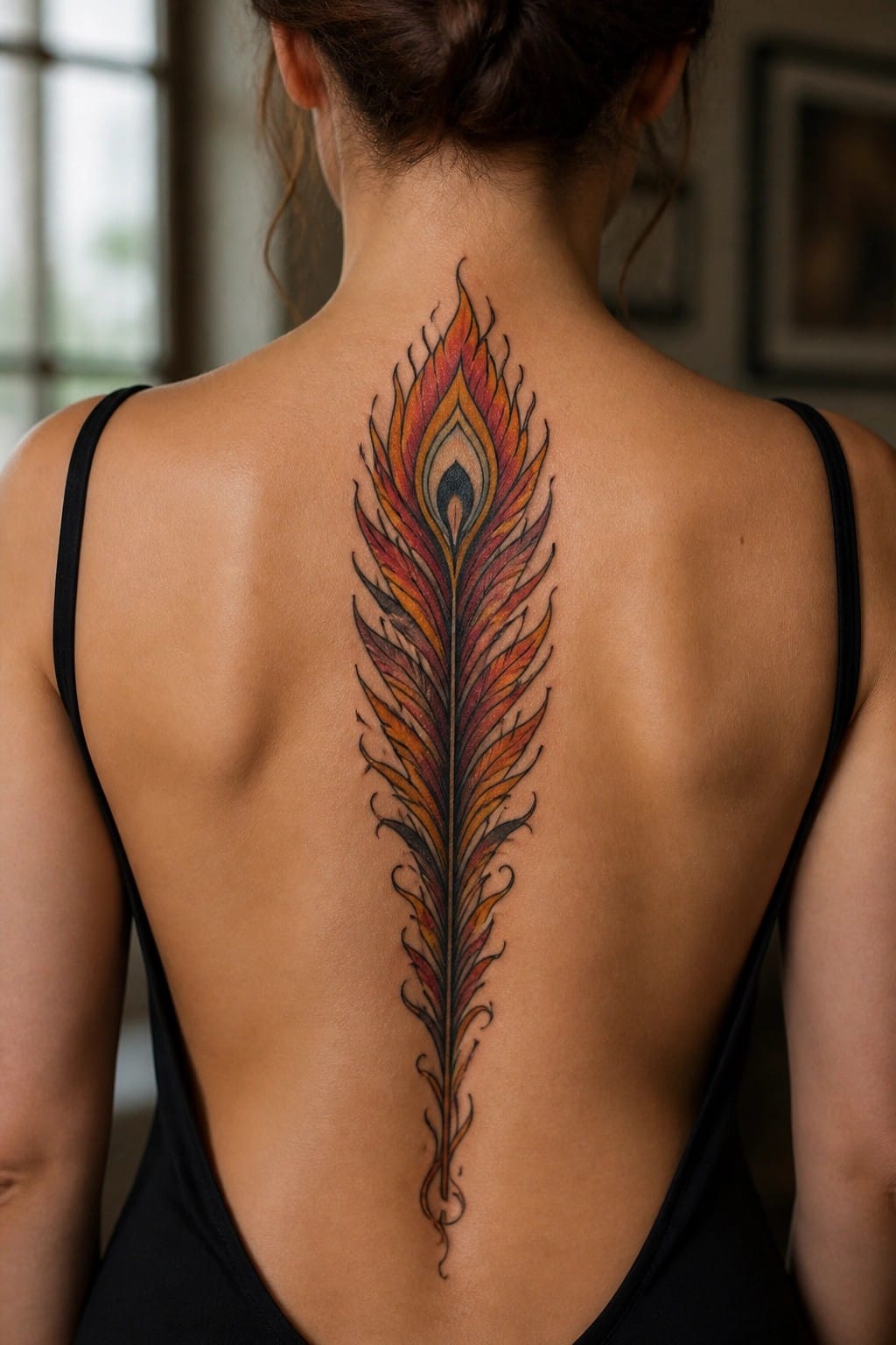 Woman's back with long fiery peacock feather tattoo in red-orange hues over black straps