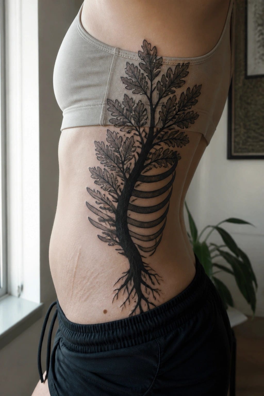 Torso in gray top with large black tree tattoo, ribs as branches and roots below.