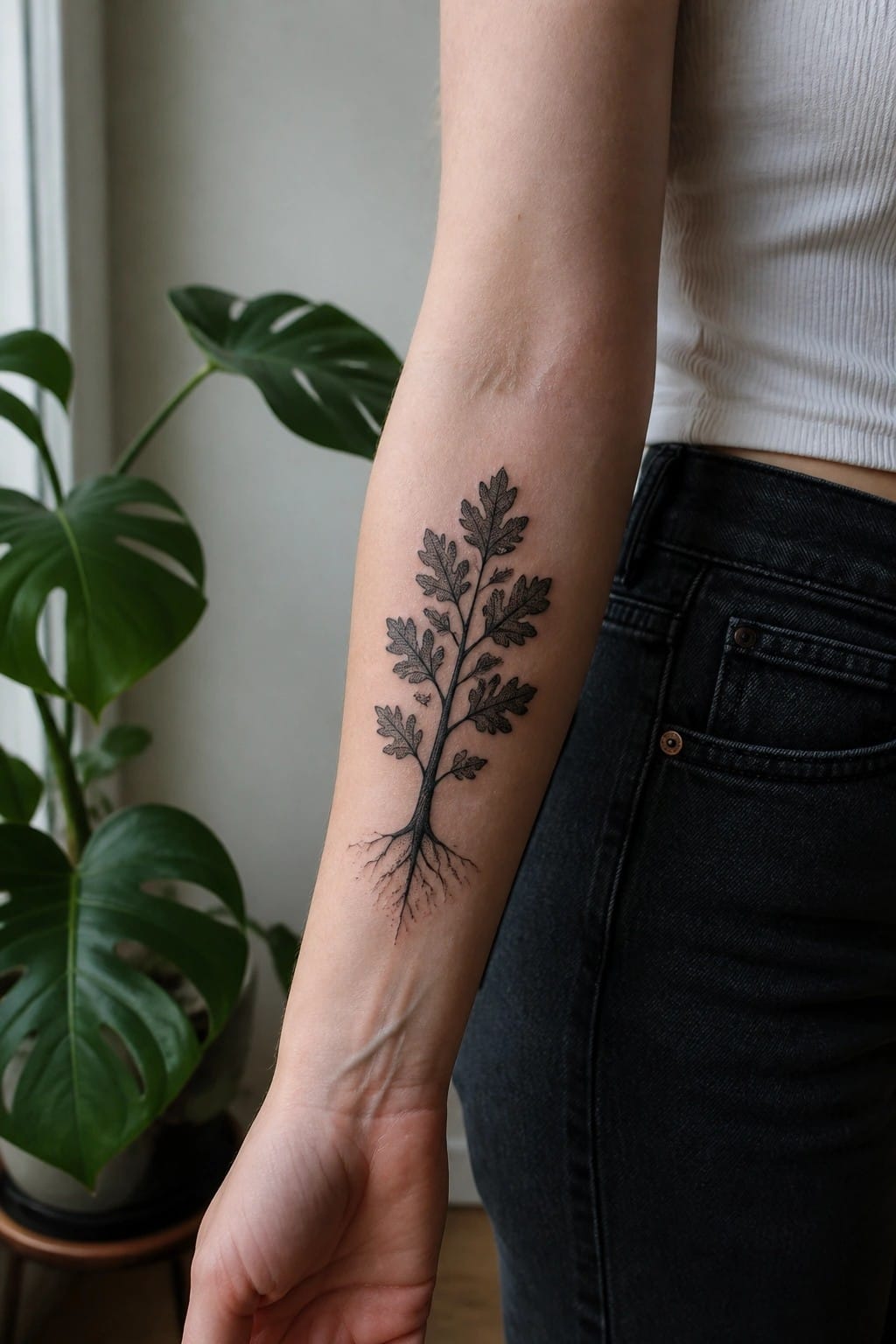 Black tree tattoo with leaves and roots on forearm, white top, dark jeans, monstera background.