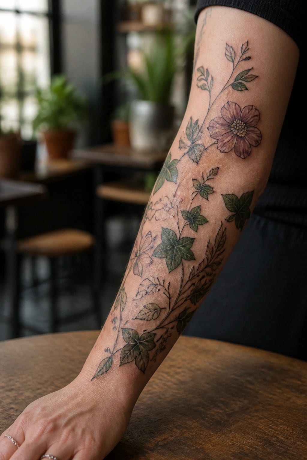 Forearm tattoo of a botanical vine with a purple flower and green leaves in black line work.