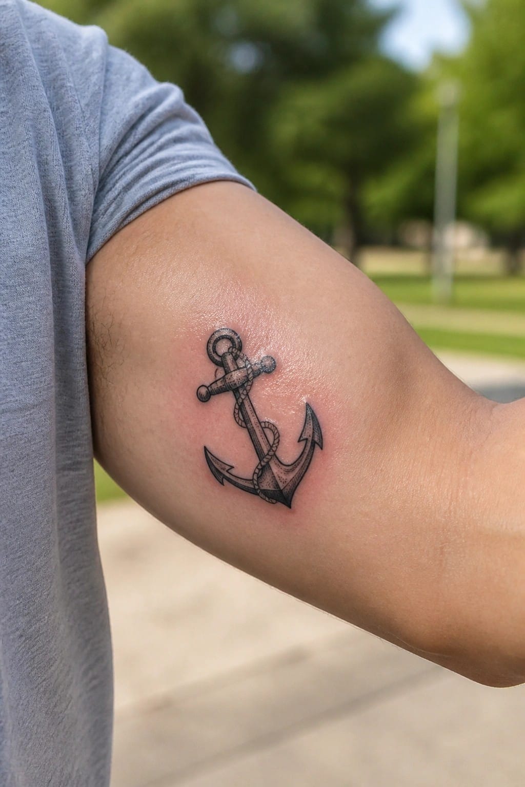 Gray t-shirt sleeve revealing detailed black anchor tattoo on upper arm.