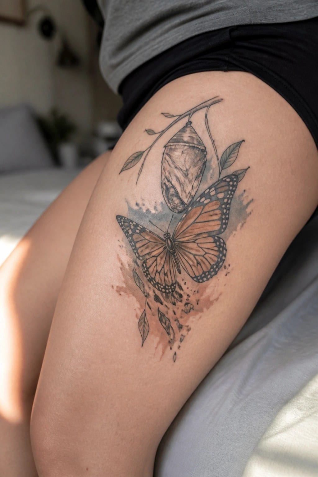 Monarch butterfly emerging from chrysalis tattoo on thigh with watercolor leaves and splashes.