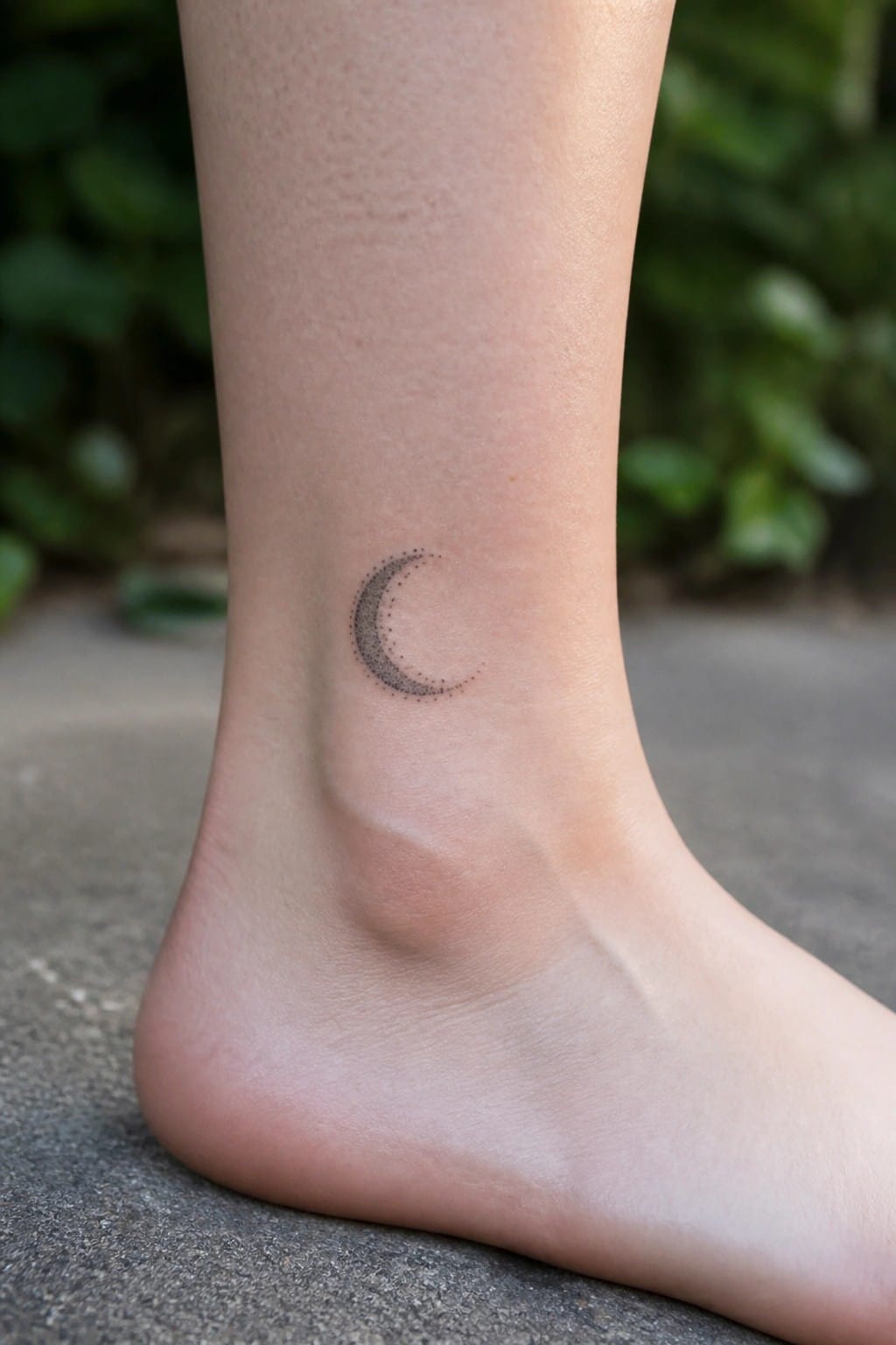 Dotted black crescent moon tattoo on light-skinned ankle above bare foot.