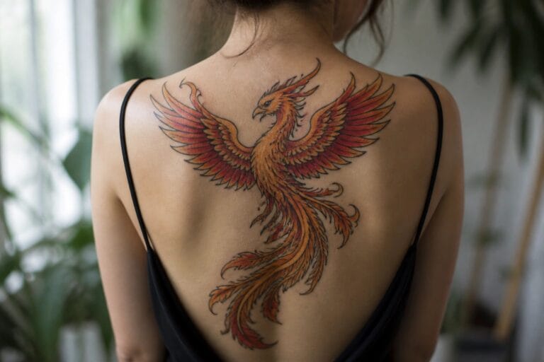 21 Meaningful Tattoo Ideas to Celebrate Strength, Growth, and New Beginnings Vibrant phoenix tattoo in reds and oranges covers woman's back beneath black tied top.