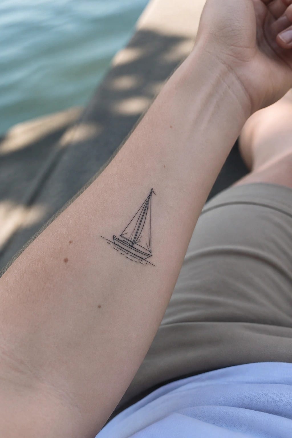Small fine line sailboat tattoo on the inner forearm with basic wave details