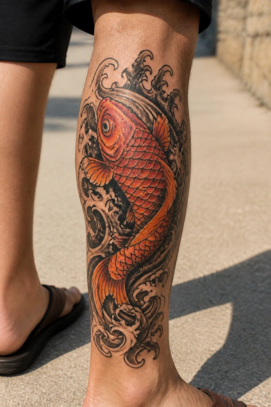 Orange koi fish tattoo with black waves on person's lower leg in shorts