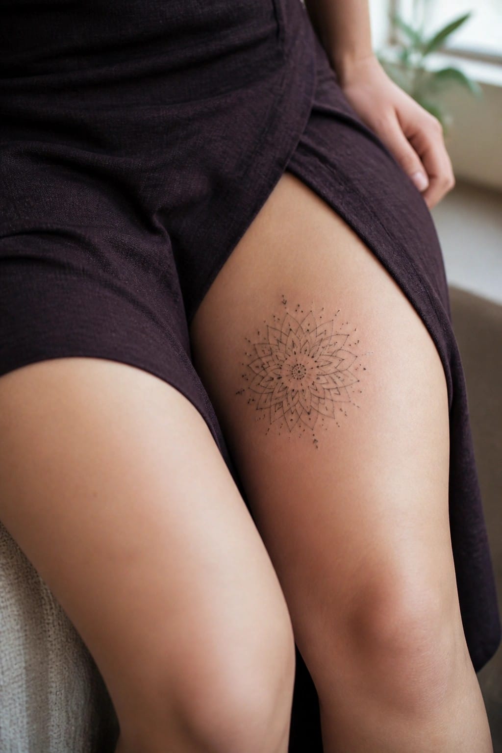 Mandala tattoo on thigh beneath dark purple wrap skirt with slit