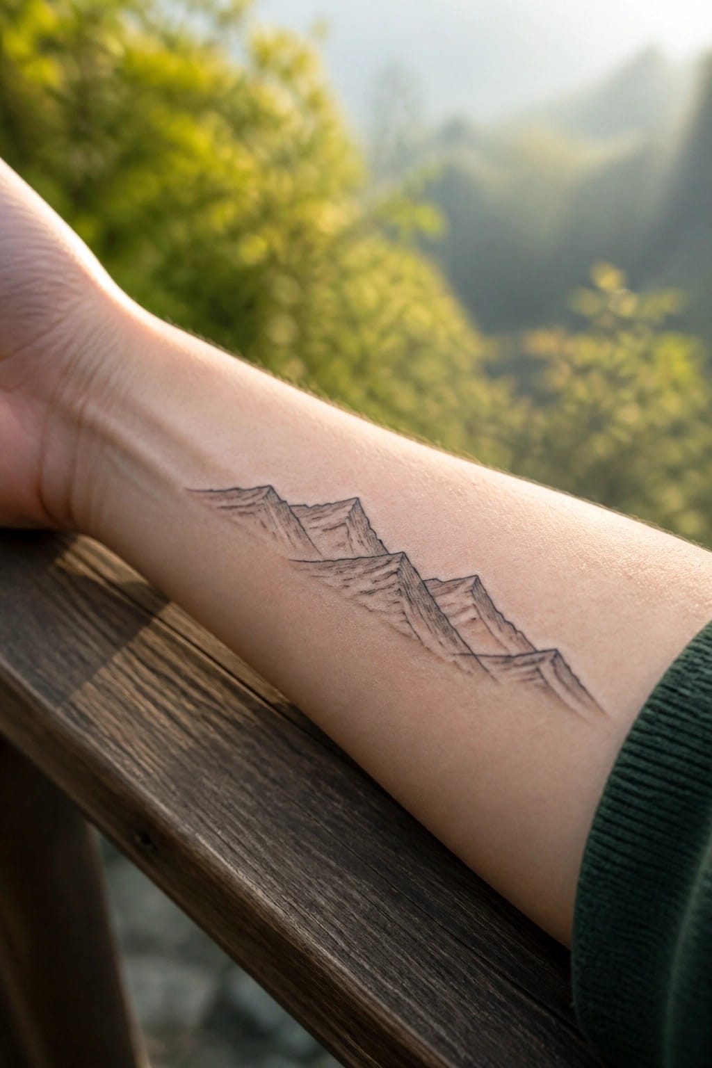 Mountain tattoo on forearm resting on wooden surface with green sleeve and blurred landscape.