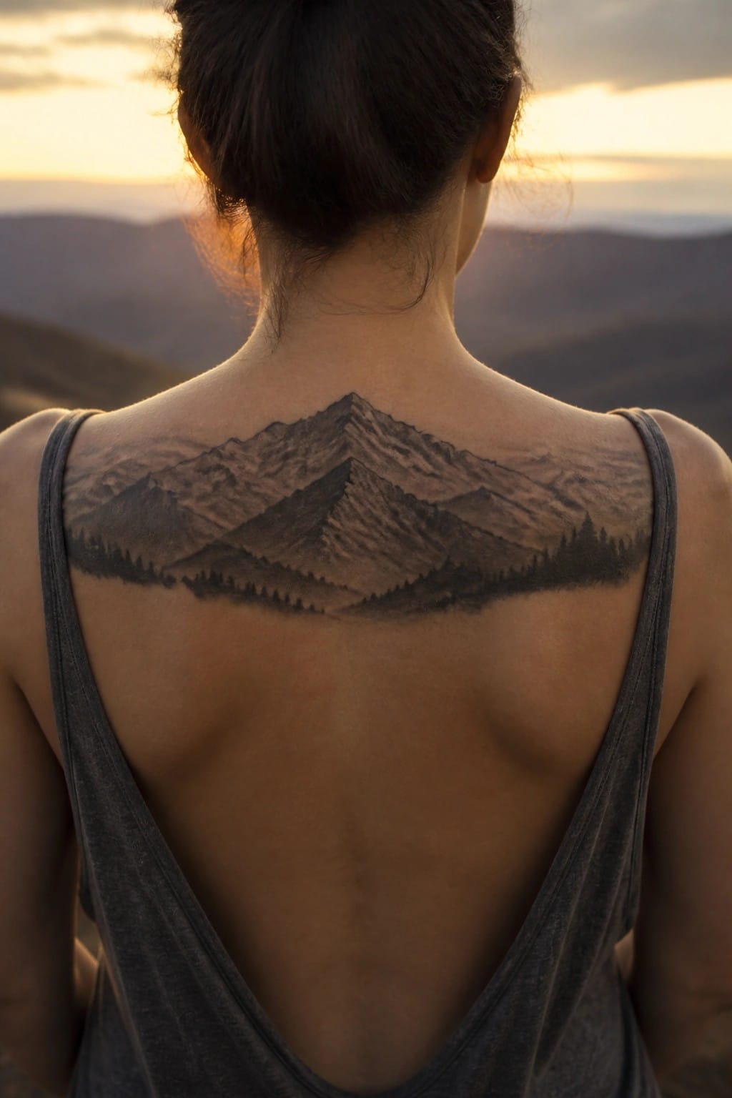Woman with large mountain range tattoo across back, wearing gray tank top at sunset.