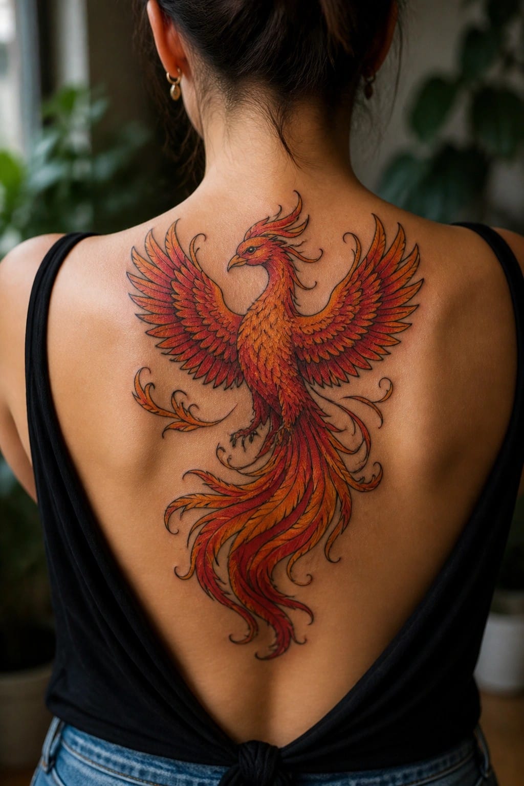 Vibrant phoenix tattoo in reds and oranges covers woman's back beneath black tied top.