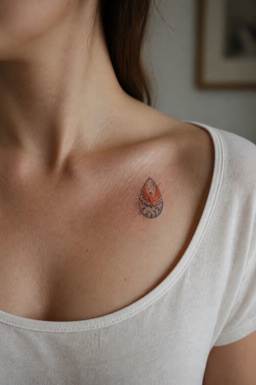 Orange phoenix in teardrop tattoo on collarbone above white scoop-neck shirt
