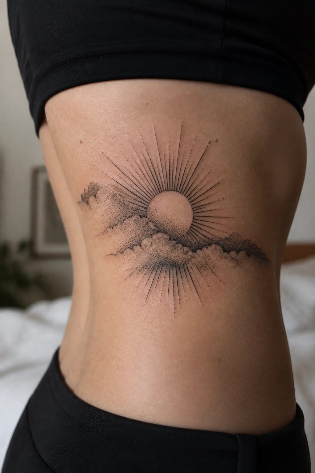Stippled sun with rays and clouds tattoo on torso above black clothing.