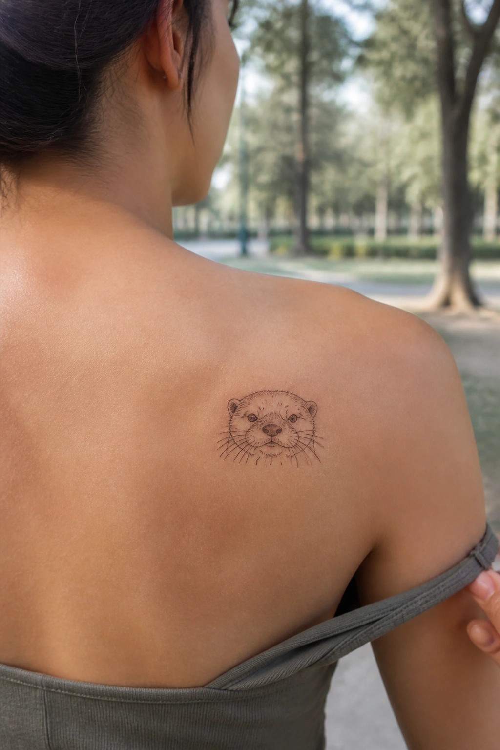 Woman's shoulder with black otter face tattoo, gray top, blurred park background
