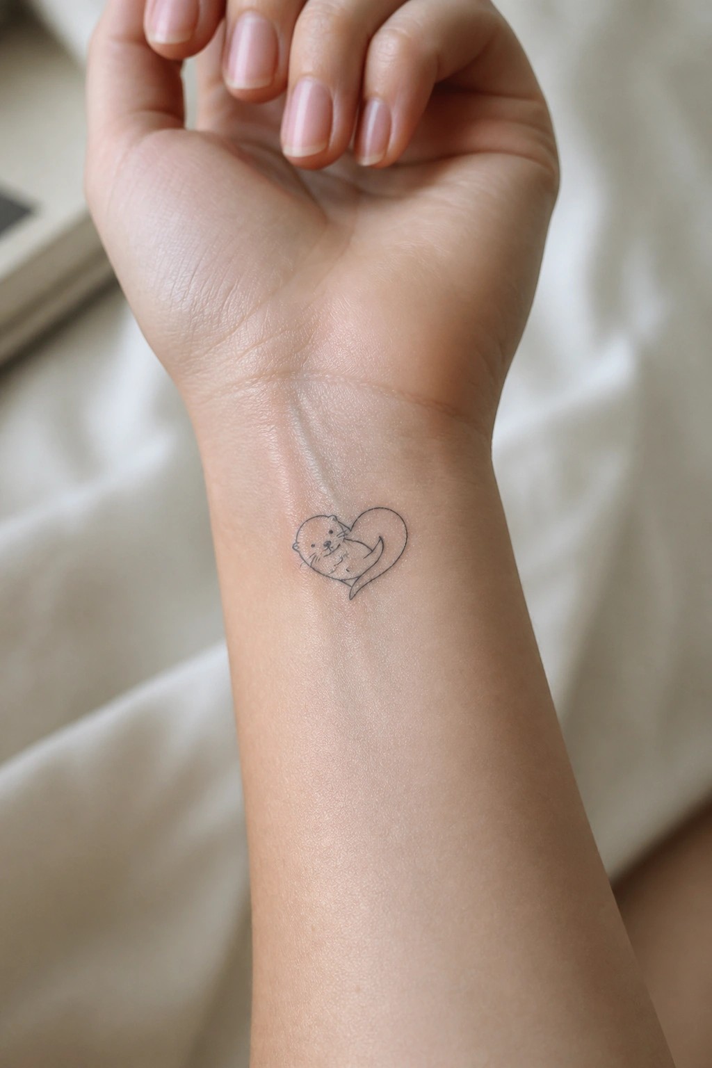 Clenched hand showing delicate heart-shaped otter tattoo on inner wrist.