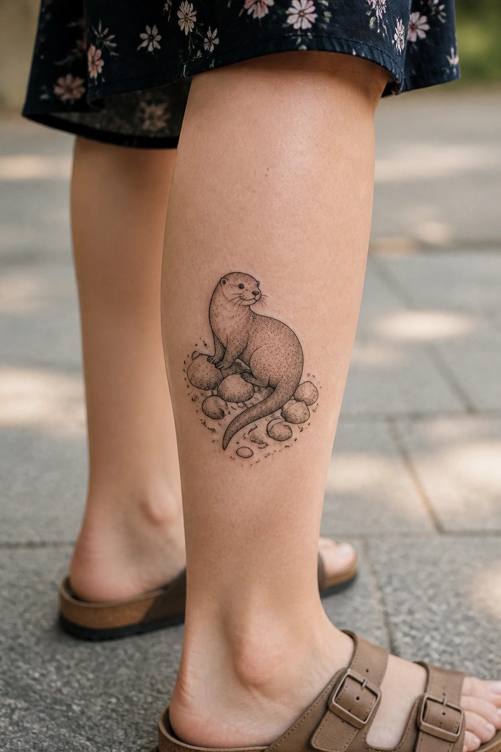 Minimal black ink tattoo of an otter sitting on rocks placed on the side of a calf