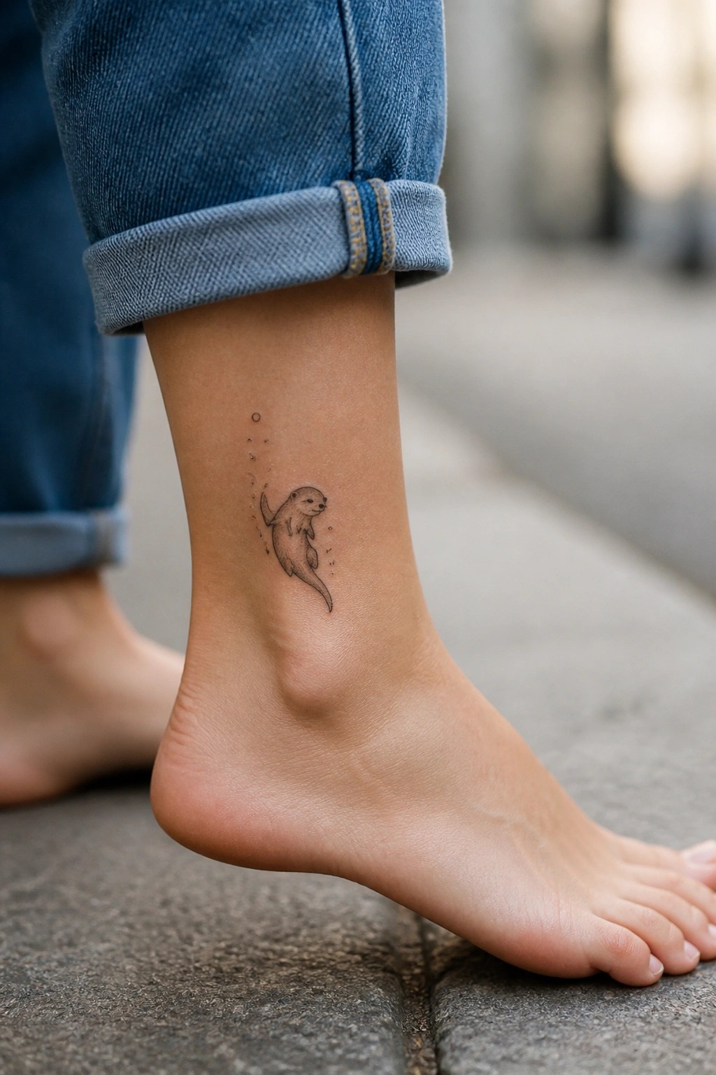 Minimal fine line otter tattoo with bubbles on the ankle, shown on a bare foot with rolled up jeans.