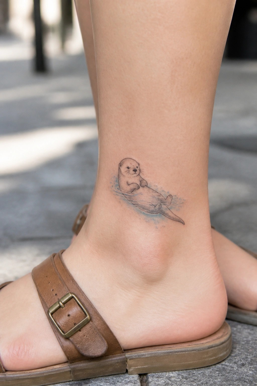 Otter tattoo with blue water on ankle above brown leather sandal