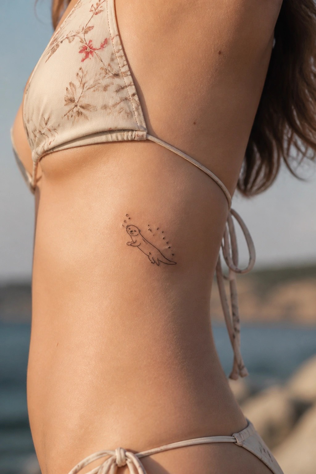 Minimal fine line otter tattoo placed on the ribs, showing a small swimming otter with dots around it on light skin.
