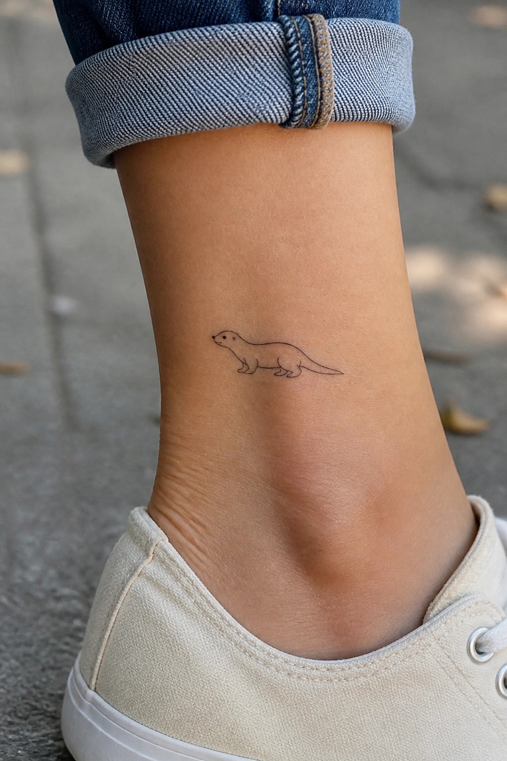 Minimal line art otter tattoo on the ankle above a white sneaker