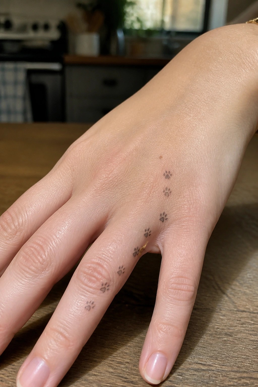 Hand with paw print tattoos arranged diagonally across back and fingers on wood table
