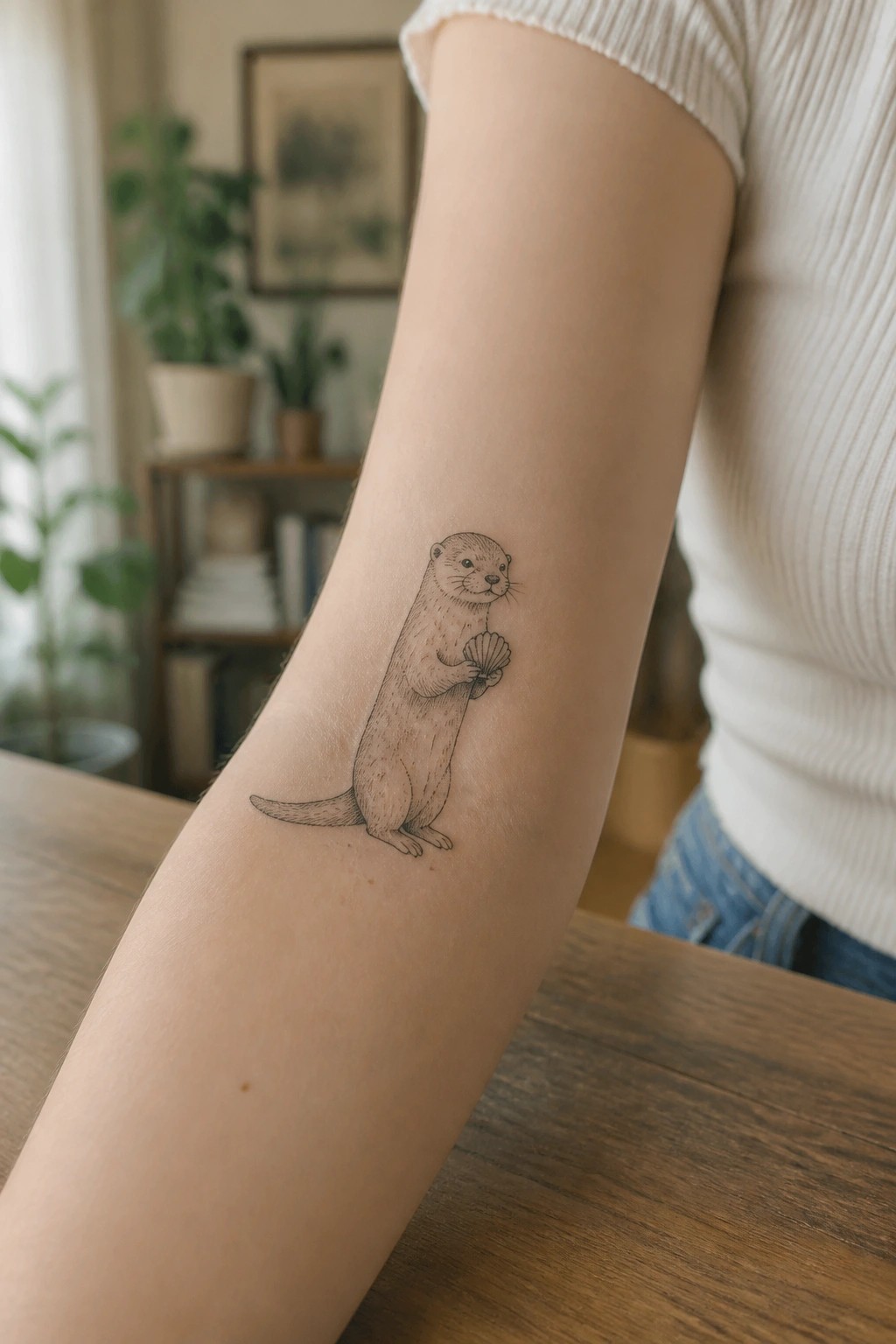Otter tattoo holding a shell on forearm, white ribbed shirt, wooden table nearby