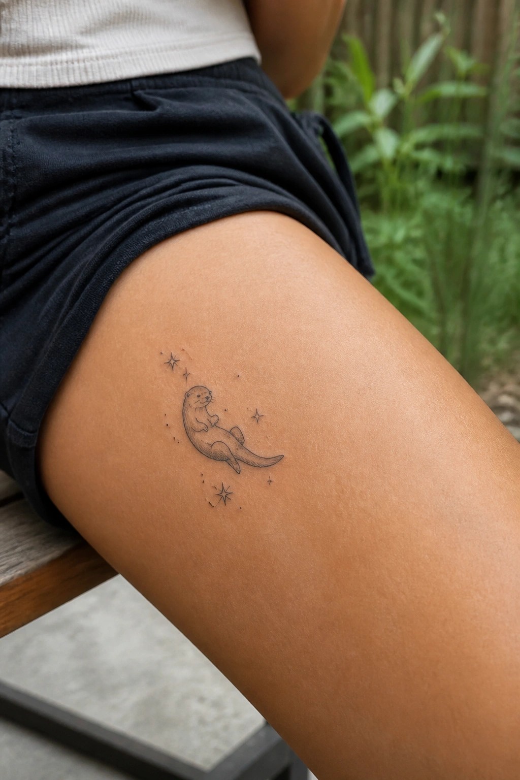 Otter tattoo with stars on thigh above navy shorts outdoors.