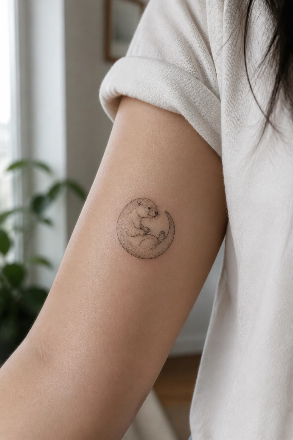 Arm in white t-shirt with rolled sleeve, displaying circular otter tattoo on skin.