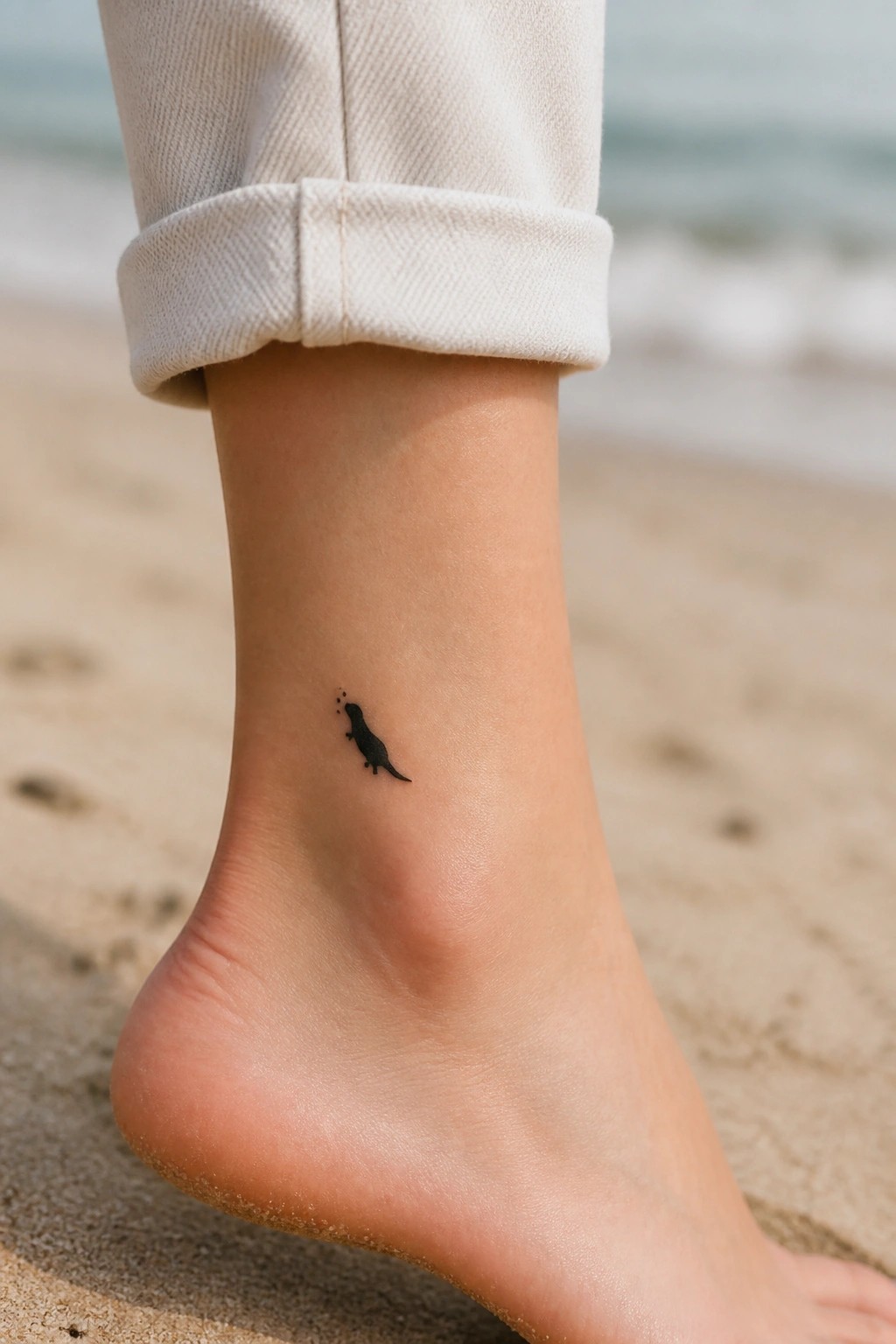 Minimal black otter tattoo on the ankle with a short trail of dots above it, shown on bare skin at the beach.