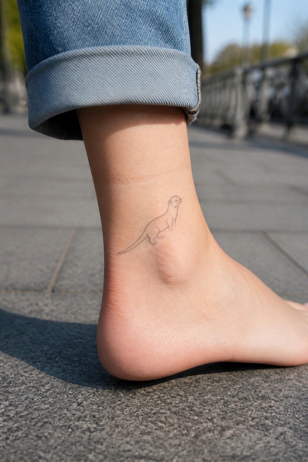 Bare ankle with otter tattoo, rolled-up blue jeans, foot on pavement.