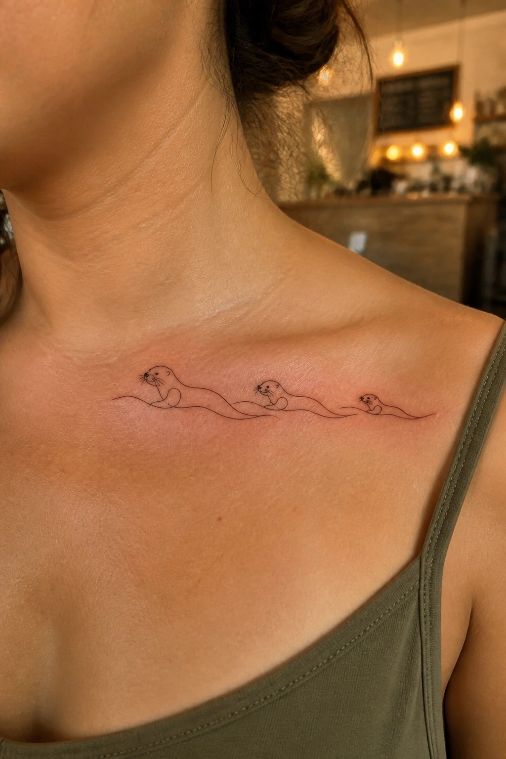 Three otters in continuous line tattoo on shoulder above green tank top