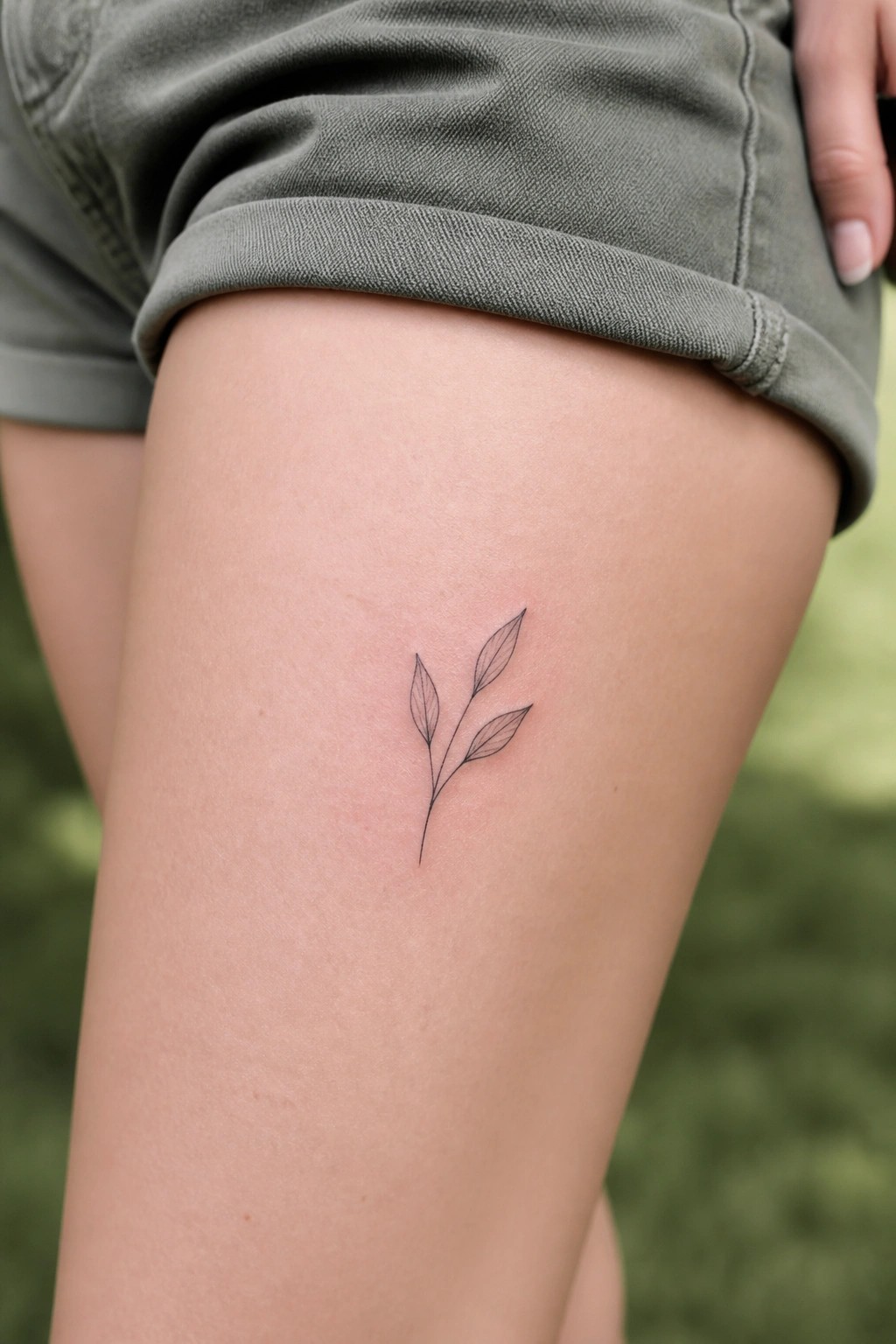 Minimalist black line-art leaf tattoo on upper thigh below green shorts cuff.