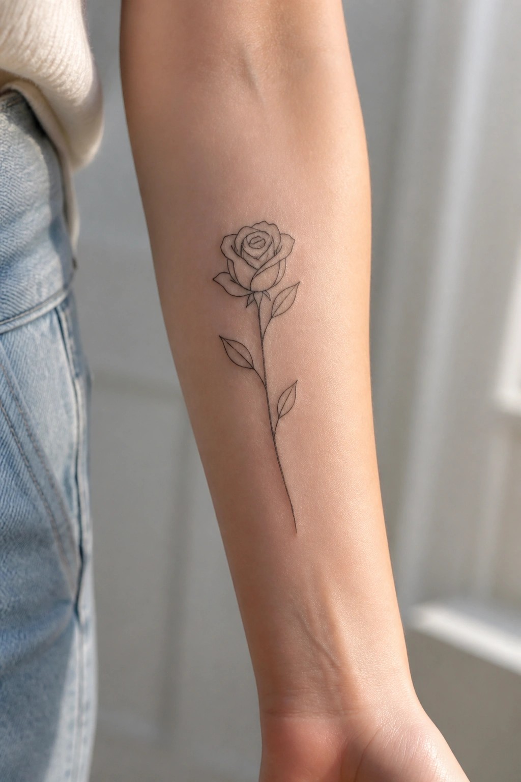 Minimalist rose tattoo on forearm beside white sweater and blue jeans.