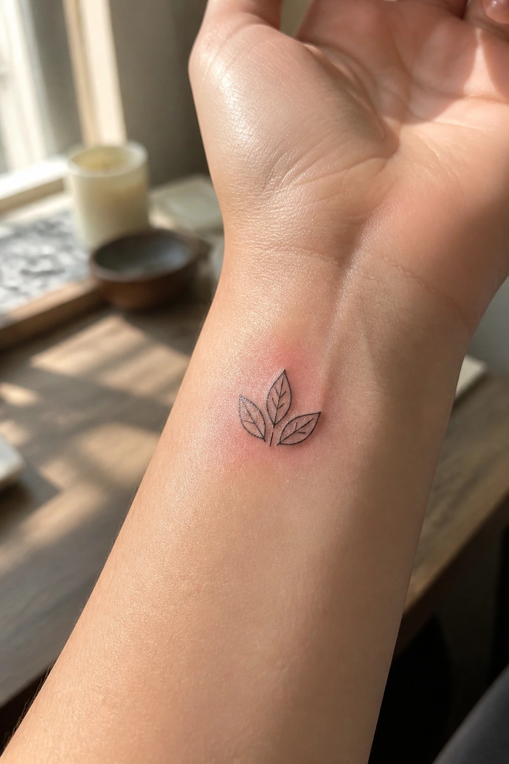 Small fine line tattoo of three leaves on the inner wrist