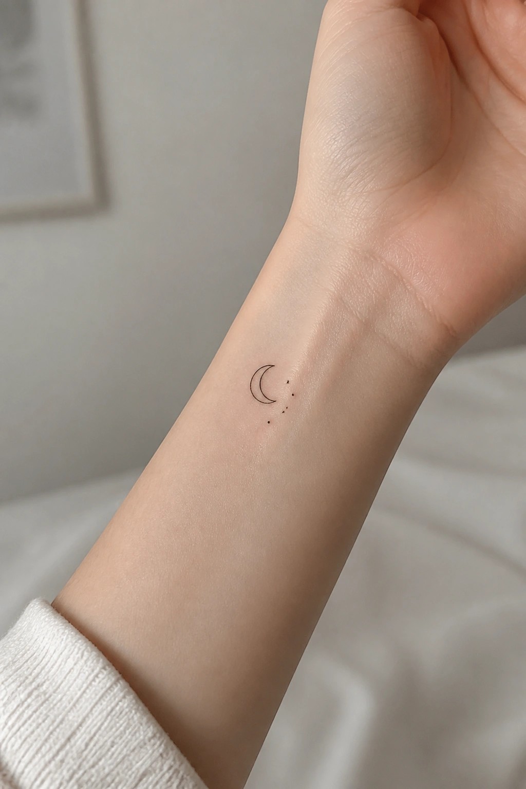 Fine line crescent moon tattoo with trailing dots on the inner wrist