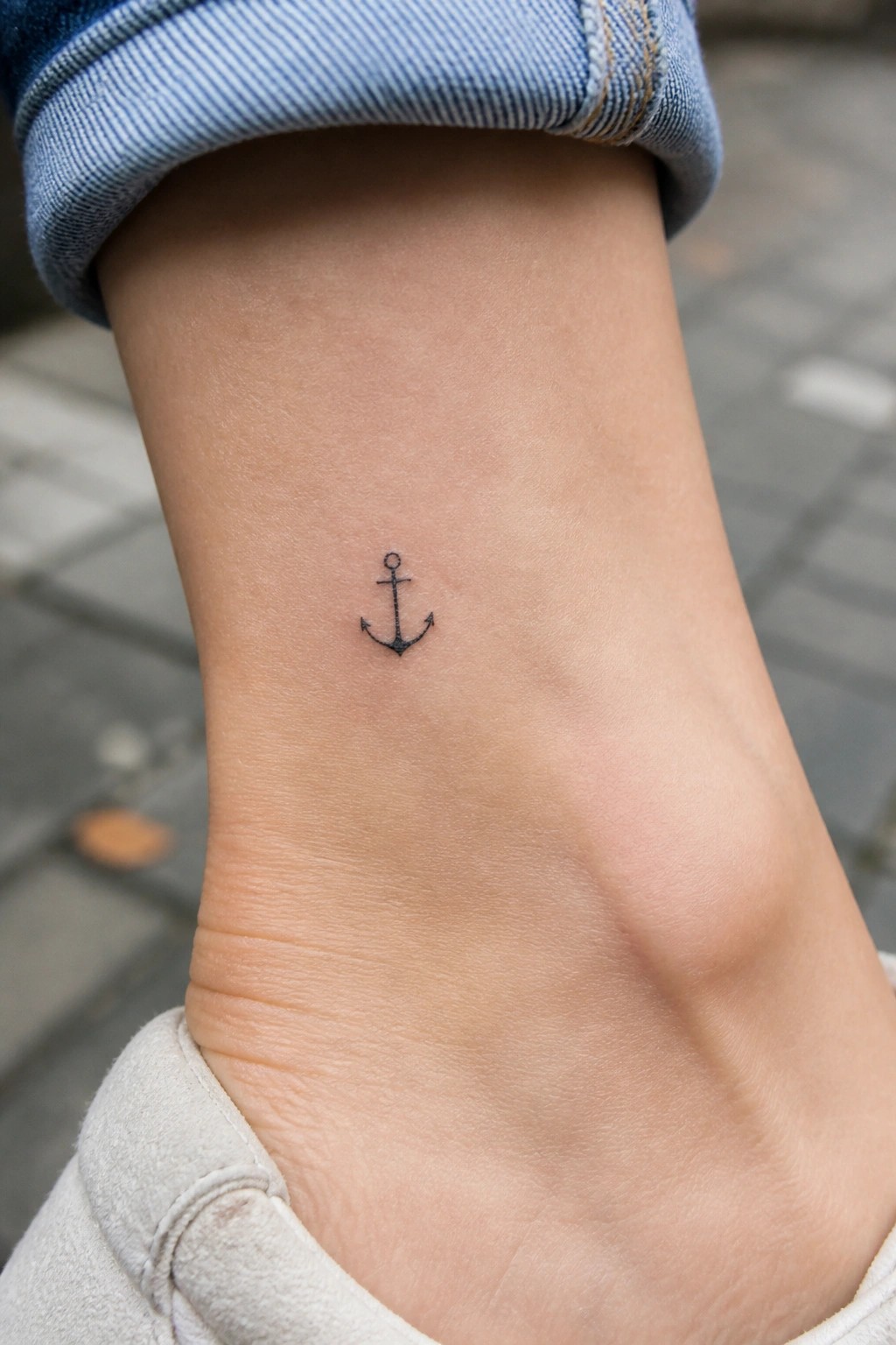 Small black anchor tattoo on wrist below rolled blue denim cuff