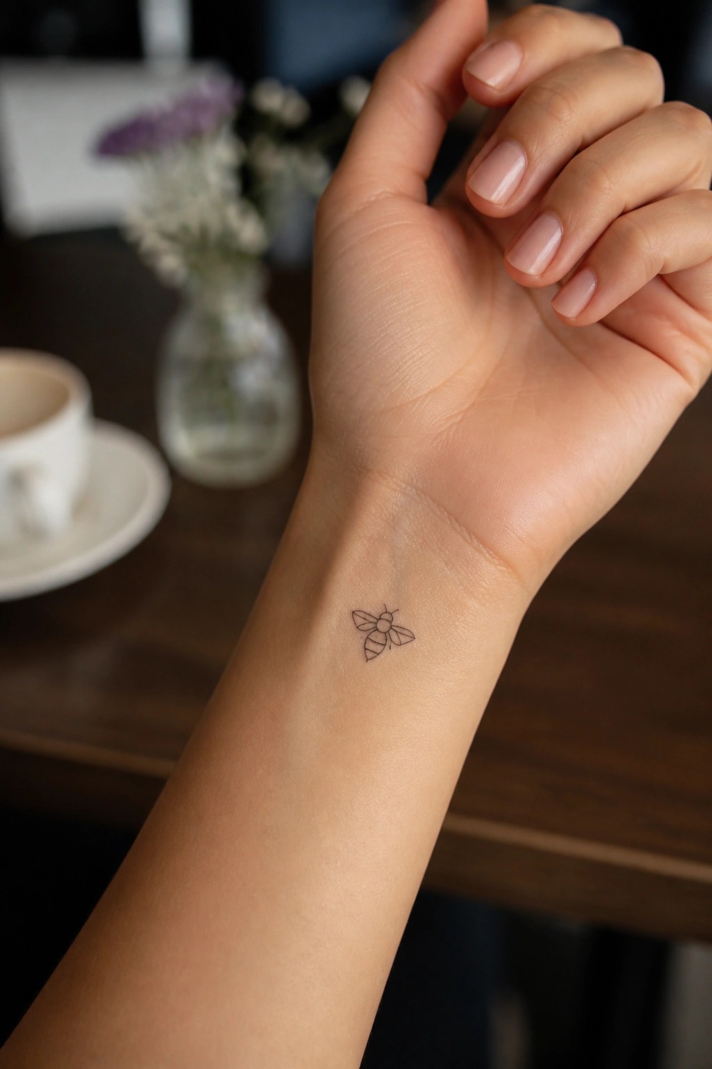 Hand with delicate bee tattoo on wrist beside coffee cup and flowers on wooden table