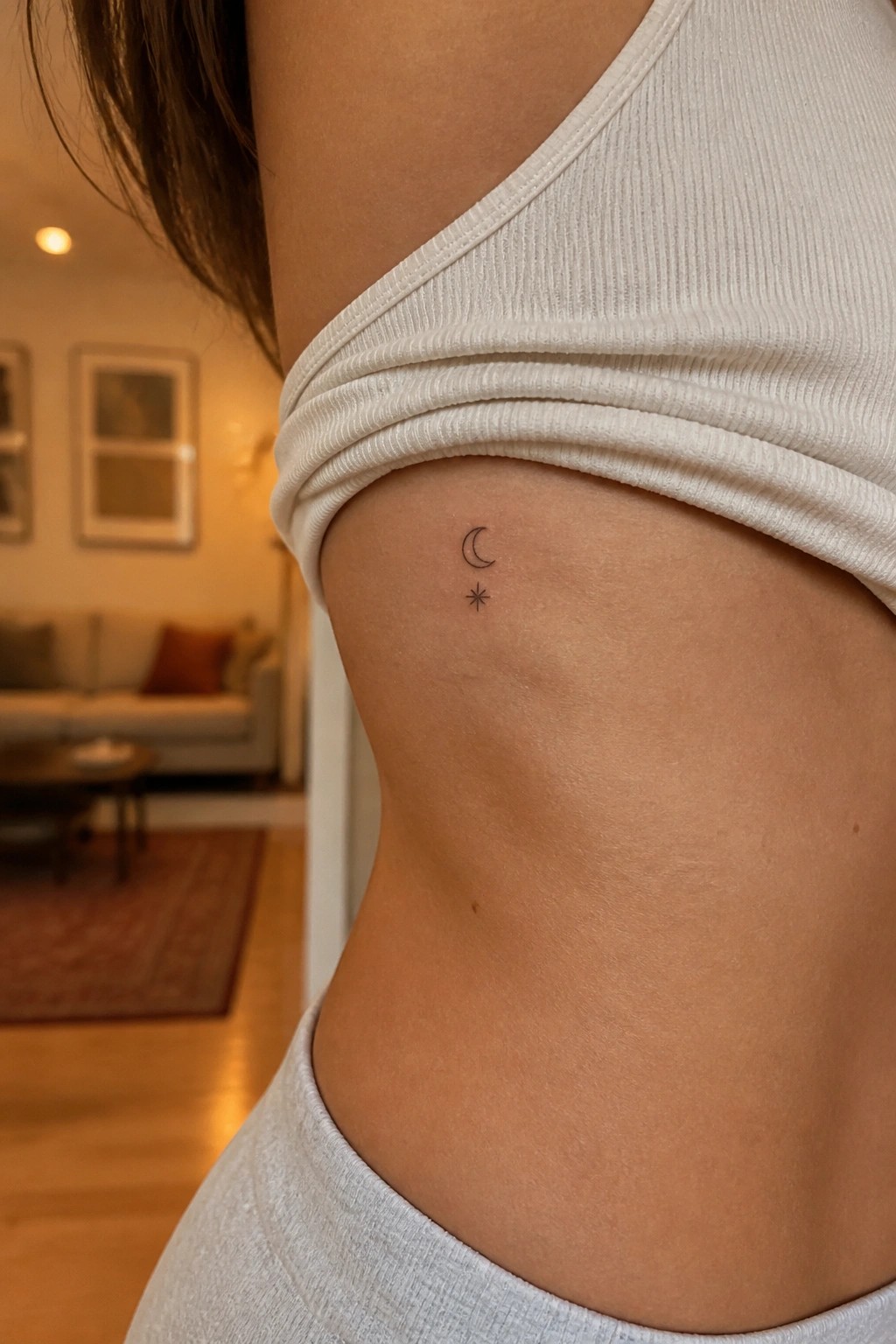 Small crescent moon and star tattoo on side below white ribbed tank top