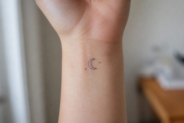 21 Minimalist Small Tattoos for Women Using Fine Line Designs and Clean Shapes Fine line crescent moon tattoo with trailing dots on the inner wrist