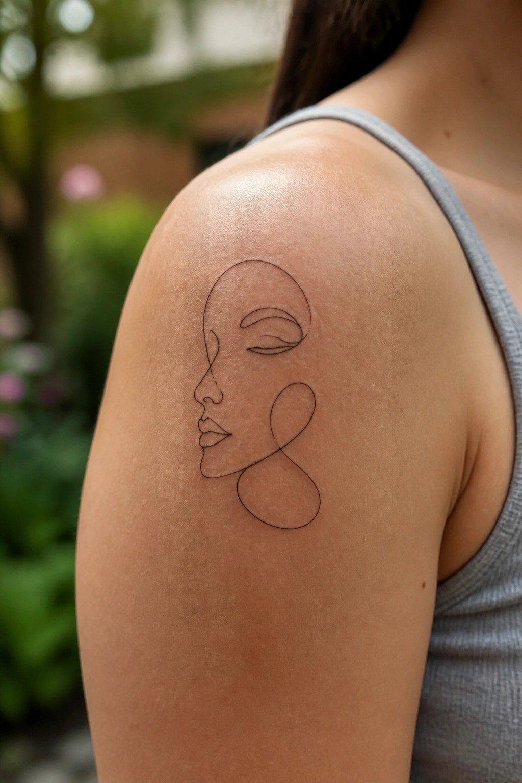 Minimalist single line tattoo of a woman's profile face with flowing abstract loops on the shoulder