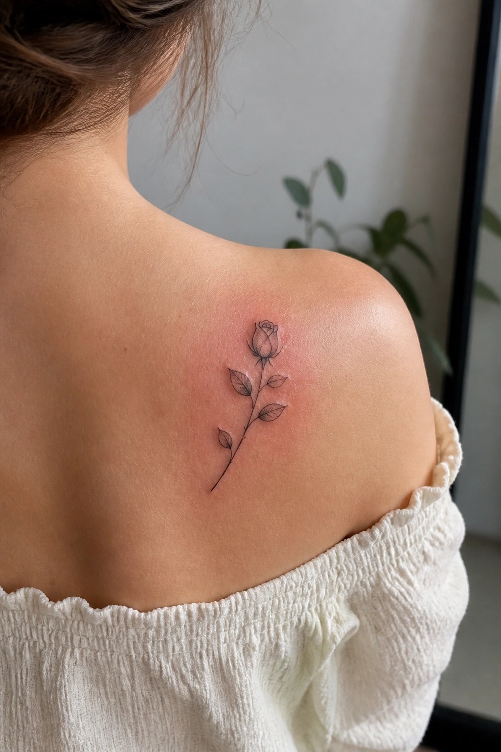 Fine line rose tattoo on a woman's shoulder showing a small bud with stem and leaves in black ink.