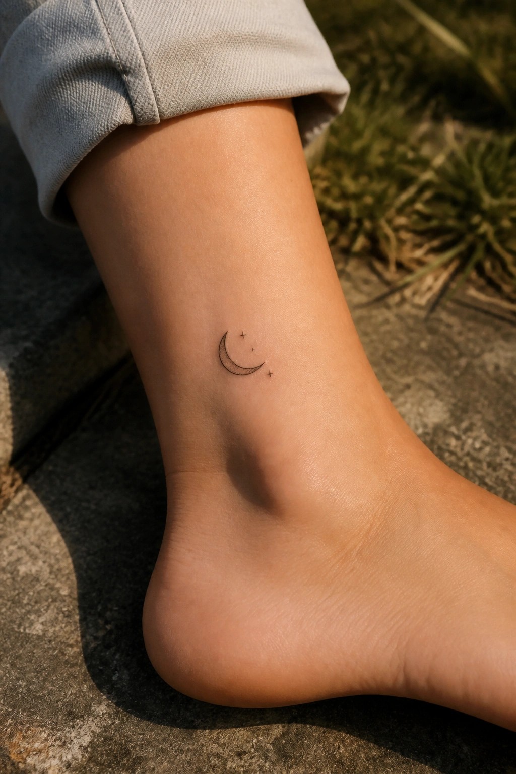 Small crescent moon tattoo with stars on the ankle in fine black lines