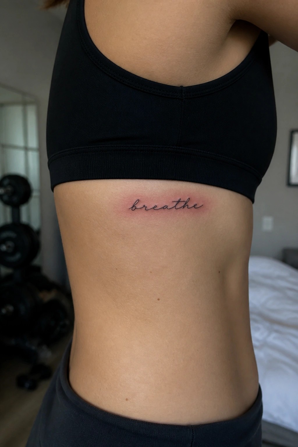 Woman's torso in black sports bra with cursive 