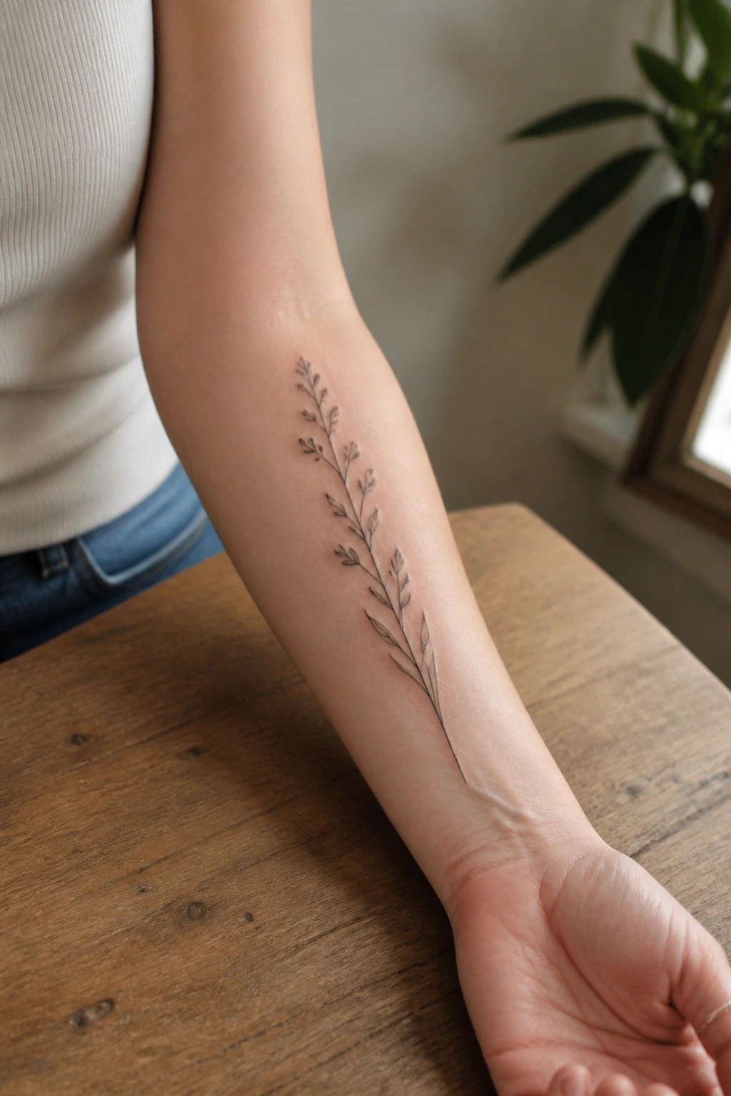 Delicate leafy branch tattoo on forearm, white top and blue jeans on wooden table.
