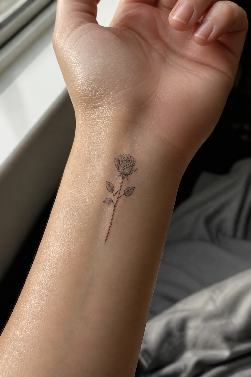 Light-skinned wrist with a fine-line black rose tattoo and stem.