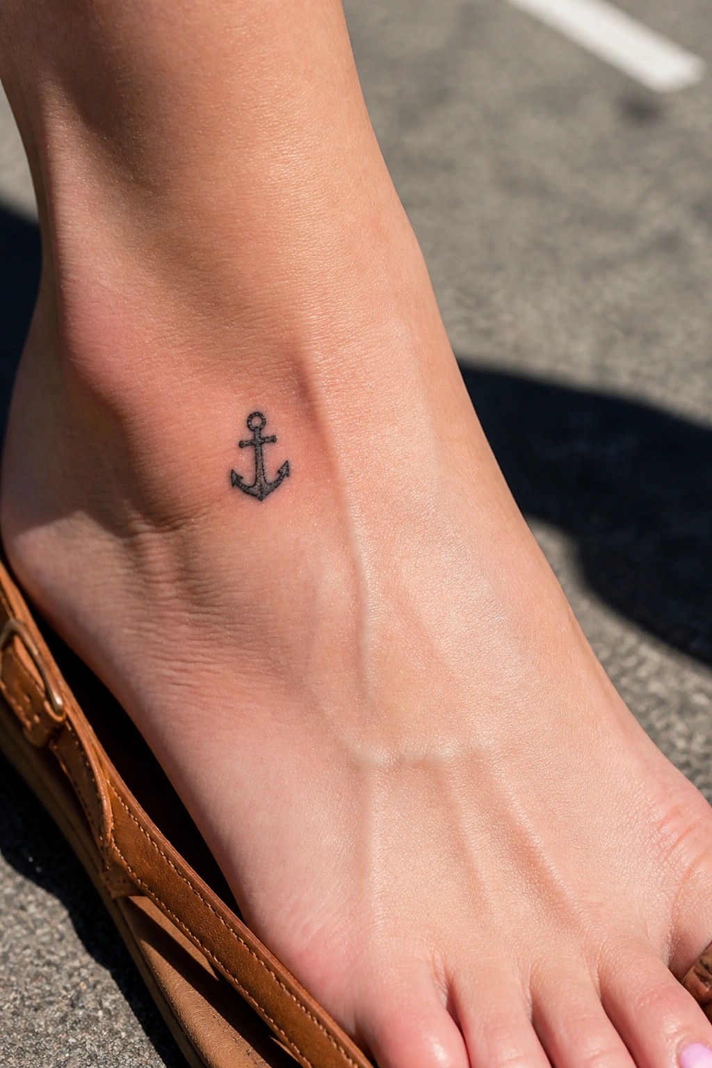 Small black anchor tattoo on ankle above brown leather sandal in sunlight